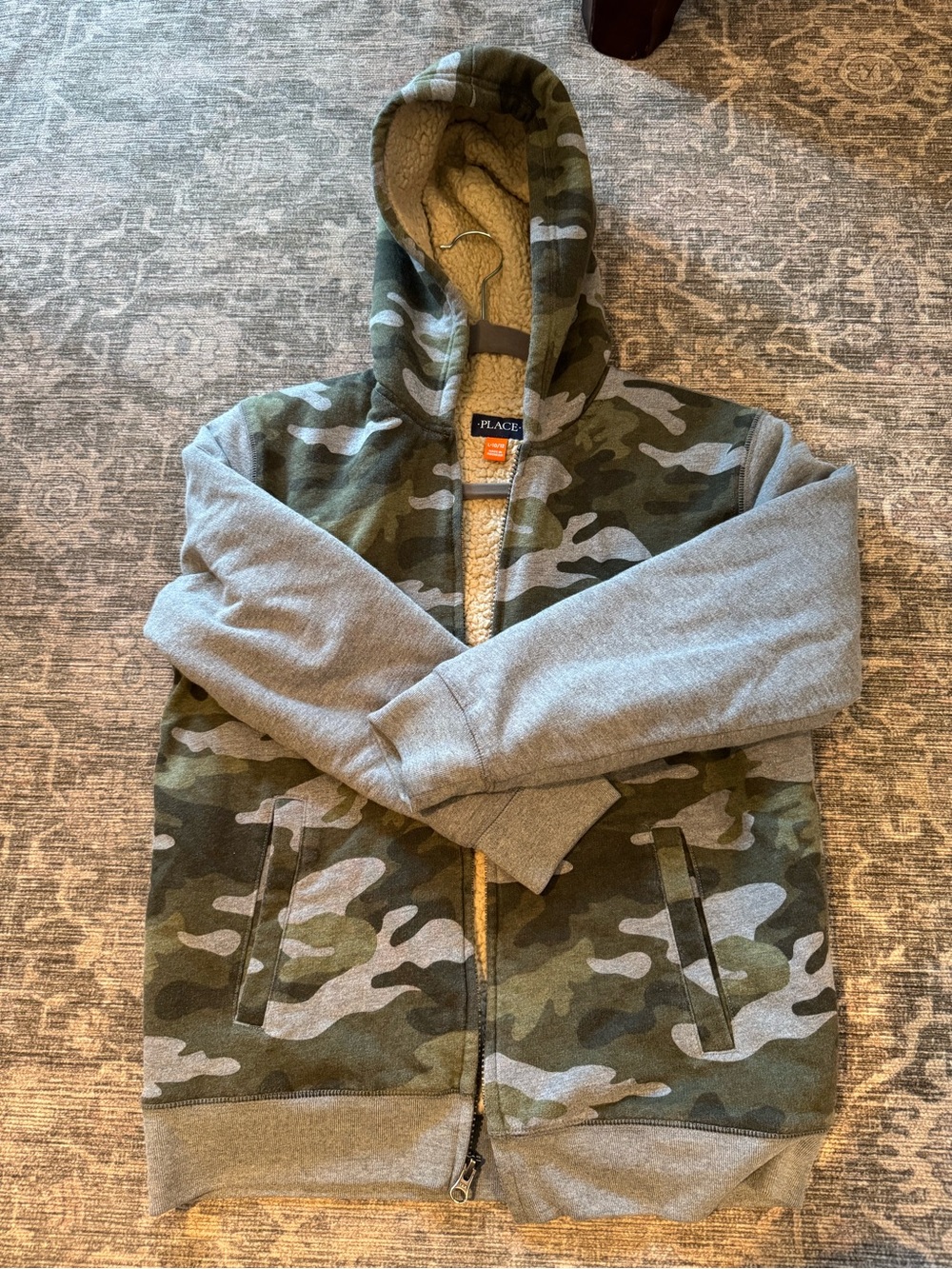 Children’s Place Camo Sherpa  hoodie with Gray Sleeves and Sherpa Lining